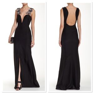 Mikael Aghal Embellished Shoulder V-Neck Gown (A8)